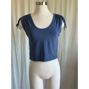 American Eagle Women's Blue Ruched Sleeve Scoop Neck Crop Top Size S